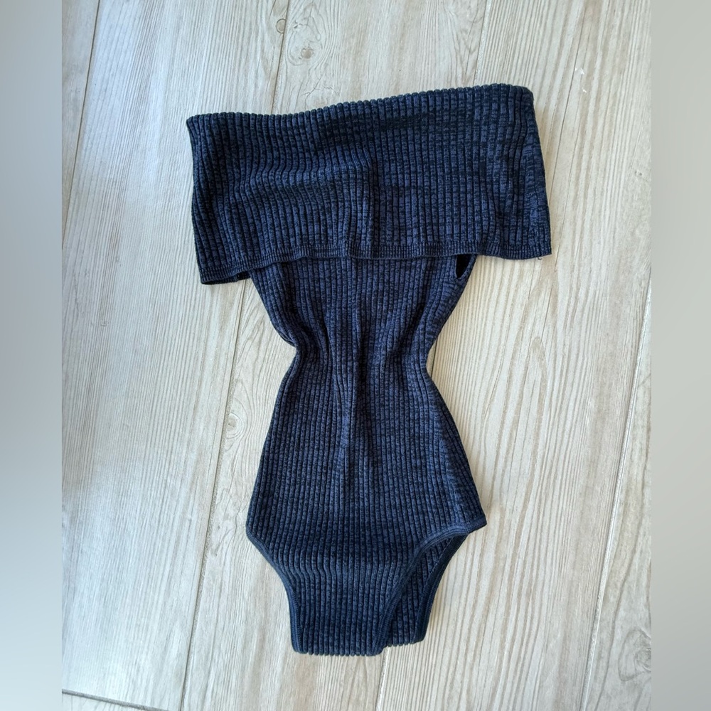 Navy Free People Ribbed Off-Shoulder Bodysuit